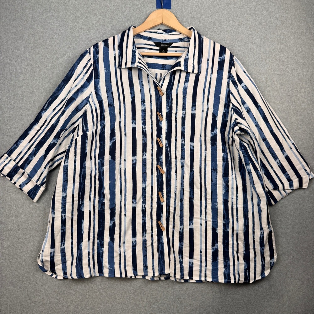 Ali Miles Shirt Womens XL Blue‎ White Striped Linen Blend Button Up Artsy Beachy